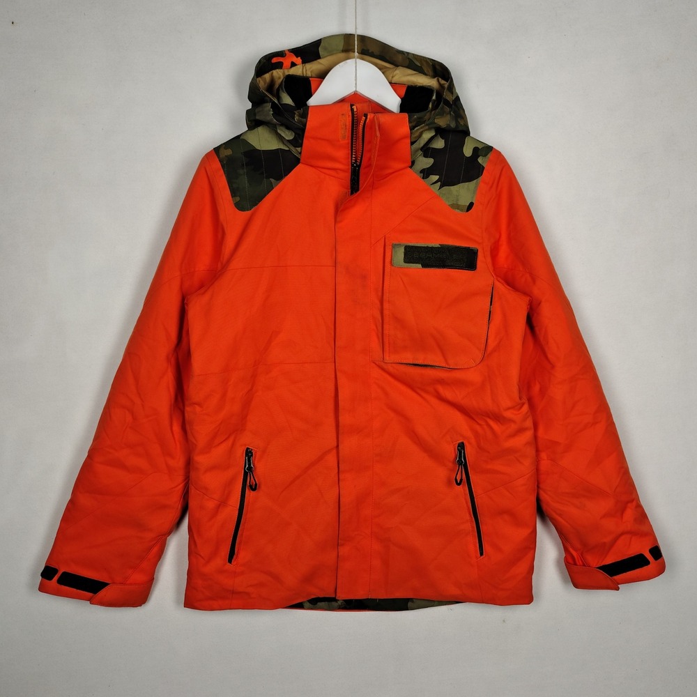 Obermeyer Teen XL 18 Ski Jacket Orange Camo Hooded Full Zip Winter Coat